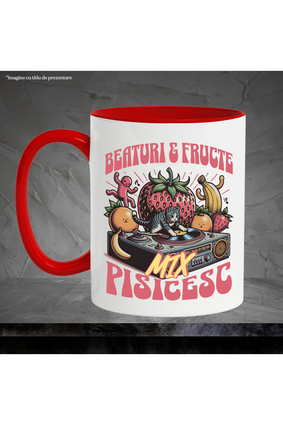 StoryGift Romania Drinks and Fruits Mug, Funny Summer DJ Cat Mix, 330ml, Ceramic with Red Handle, With,STG.
