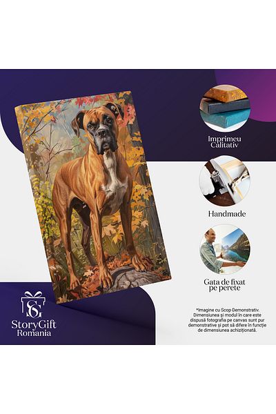 StoryGift Romania Tablou Canvas Caine Rasa Boxer Cu Ochii Caprui Maroniu Cu Alb Care Sta Pe O Piatra In Padure P