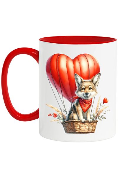 StoryGift Romania Mug with a wolf, illustration, flying with a hot air balloon, heart, wheat, affection, With ,STG