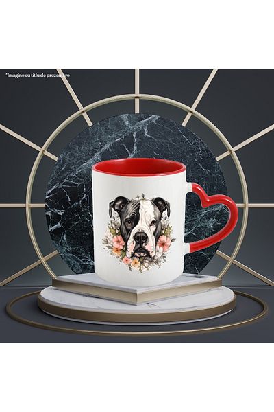 StoryGift Romania Mug with a serious, embarrassed Boxer dog, illustration, variously colored flowers, for, With, STG