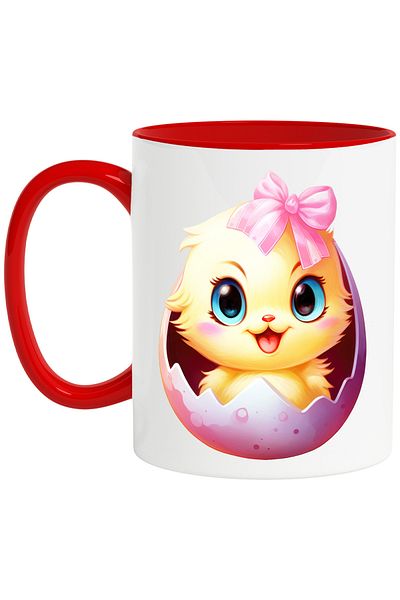 StoryGift Romania Mug with a yellow chick coming out of a broken egg | illustration | bow | bucu, Cu,STG
