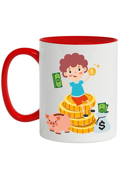 StoryGift Romania Mug With Boy, Banknotes, Coins, Stars, Bag, Dollars, Piggy Bank, Multicolor 330 m, With ,STG