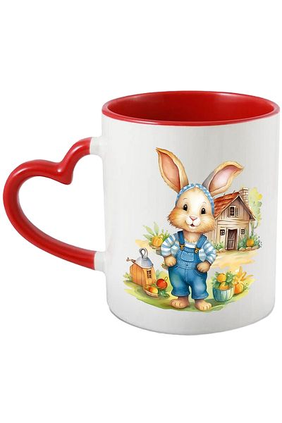 StoryGift Romania Mug with a cheerful bunny | illustration | house in the back | nature | grass | green, With ,STG