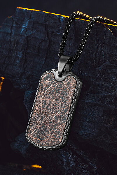 OSMANLI GÜMÜŞ Steel Tag Siyah Polo Zincir Erkek Kolye - Asker Künyesi Desenli, Siyah Çizgili, Paslanmaz Çelik