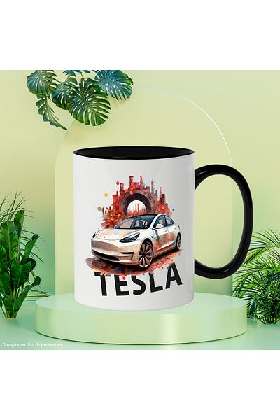 StoryGift Romania Mug With Car, Tesla, Electric, City, Gate, Mosaic, Multicolor 330 ml, Ceram, With