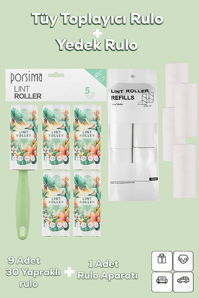 Porsima 3107 Cat Dog Hair Collector Roller + 8 Spare Rolls Green
