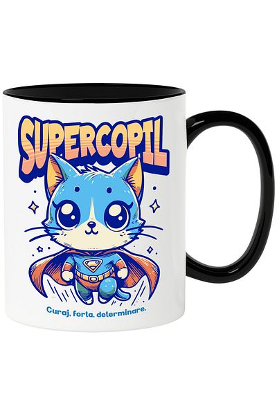 StoryGift Romania Super Child Mug, Superhero, Flying Cat, 330ml, Ceramic with Black Handle, With Handle, STG