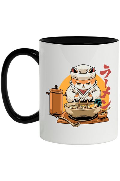 StoryGift Romania Mug With Cat, Ramen, Chef, Asian, Multicolor 330 ml, Ceramic with Handle Ne, With ,STG