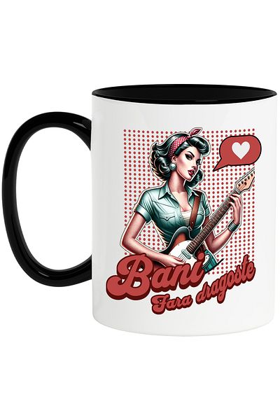 StoryGift Romania Retro Girl Mug with Guitar Text Money, No Love, 330ml, Ceramic with Handle Ne, With ,STG