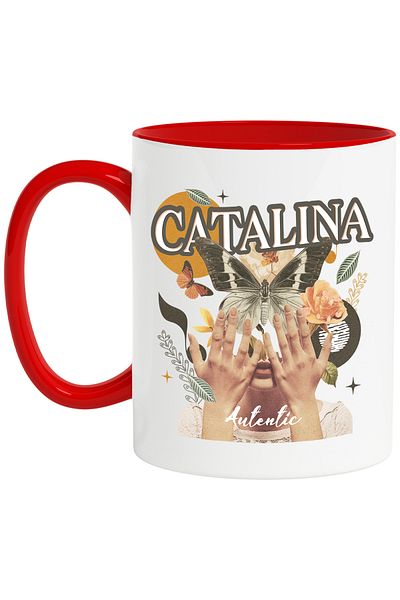 StoryGift Romania Mug With Name Catalina, Girl Collage, Butterfly, Flowers, Circle, 330ml, Ceramic with Handle, With ,STG
