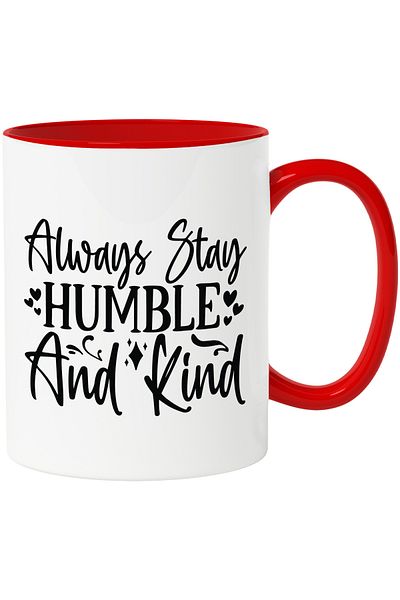 StoryGift Romania Mug with hearts and the text "Always be modest and kind" - help with Red Handle, Cu Man, STG