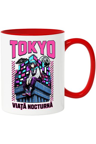 StoryGift Romania Mug Girl On Blocks Full Moon Tokyo. Nightlife, 330ml, Ceramic with R Handle, With ,STG.