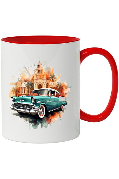 StoryGift Romania Mug With Car, Vintage, Building, Monument, Palm Trees, Multicolor 330 ml, Ceramic, With ,STG