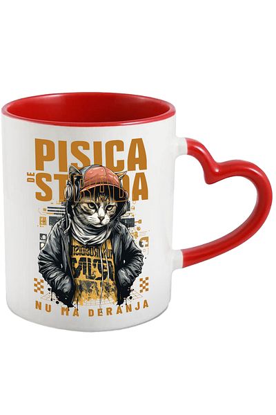 StoryGift Romania Street Cat Mug - Don't Disturb Me, 330ml, Ceramic with Red Heart Handle, With Handle, STG