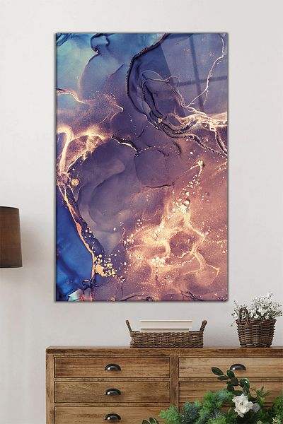 Rosyvien Tablou vertical din sticlă cu model abstract albastru și violet auriu, decor de perete pentru casă și birou, cadou de lux, rezistent la spargere