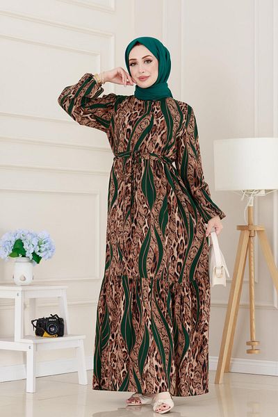 Sevitli Rochie din viscoză cu model leopard cu tunel în talie-verde