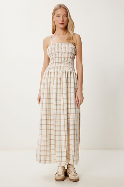 Lovelyİstanbul Strappy Striped Linen Dress Biscuit Lns0060