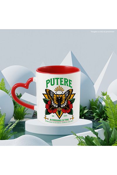 StoryGift Romania Butterfly Mug - Power, Be Patient with Yourself, 330ml, Ceramic with Red Heart Handle, With M,STG