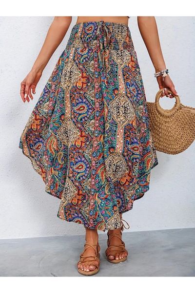 Eserden Women's Elastic Waist Lace up Asymmetrical Cut Detailed Patterned Wrap Skirt