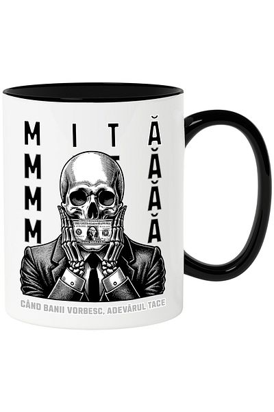 StoryGift Romania Mug Skeletons with a banknote in their mouth Bribe. When money talks, the truth is silent, 330ml, With ,STG.