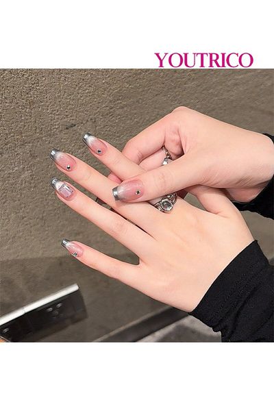 Youtrico 10 Press-on nails,Handmade false nails,Blue-pink gradient,3D diamond,M
