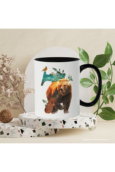 StoryGift Romania Mug With Number, 7, Bear, Bird, Leaves, Nature, Multicolor 330 ml, Ceramic with Ma, With