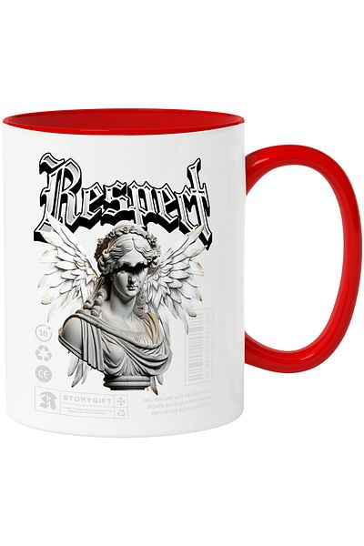 StoryGift Romania RESPECT Mug - Angel Statue with Wings, 330ml, Ceramic with Red Handle, With Red Handle ST,STG.