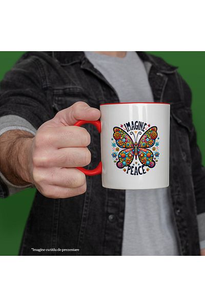 StoryGift Romania Mug with a butterfly with wings in vibrant colors with the message "Imagine peace", style, Cu,STG