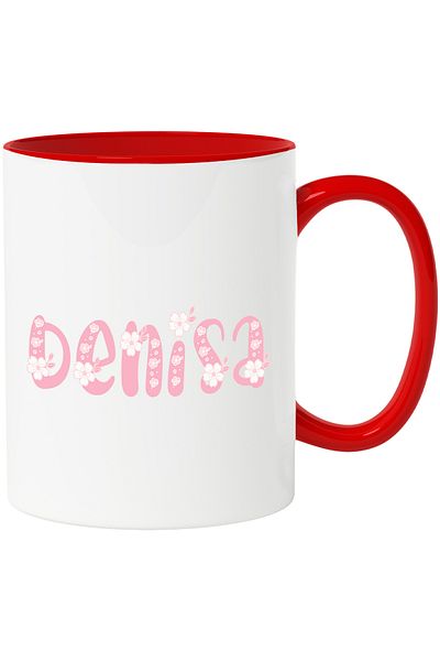 StoryGift Romania Mug With Name Denisa, Flowers, Colorful, Pink, Cute, 330ml, Ceramic with Red Handle, With ,STG