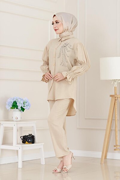 Sevitli Διπλό Σετ με Πέτρες στο Μπροστινό Μέρος και Ελαστικό Χερούλι-Μπεζ