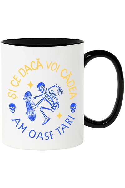 StoryGift Romania Skeletons on skateboard mug, funny message AND IF I FALL I HAVE STRONG BONES, With ,STG