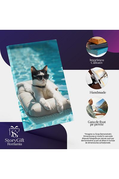 StoryGift Romania Tablou Canvas Pisica Franțuzoaică Stă Pe O Saltea De Apă În Piscină Cu Ochelari De Soare , Pict