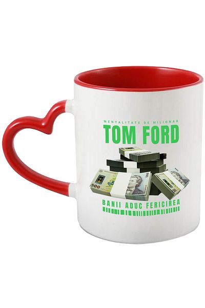 StoryGift Romania Mug _Tom Ford_ - Money Brings Happiness, 330ml, Ceramic with Red Heart Handle, With Handle, STG