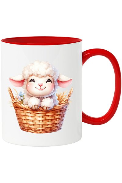 StoryGift Romania Mug with a cheerful sheep | illustration | sitting in a basket | hay | popcorn | blush, With ,STG