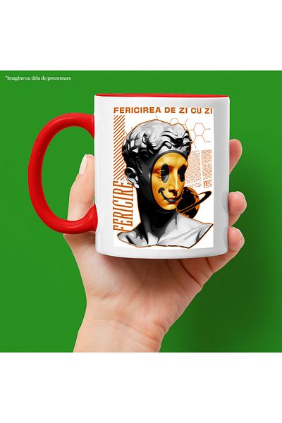 StoryGift Romania Everyday Happiness Mug - Mask on Face, 330ml, Ceramic with Red Handle, With Handle, STG
