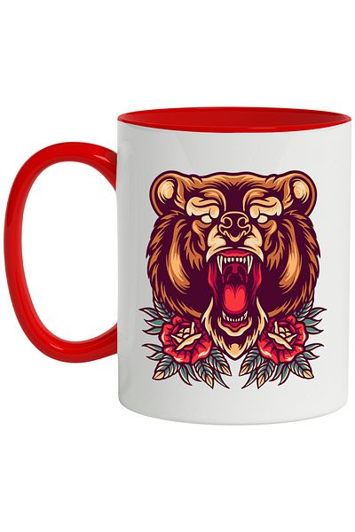 StoryGift Romania Bear Head Mug, Flowers, Leaves, Roses, Retro, Multicolor 330 ml, Ceramic, With ,STG