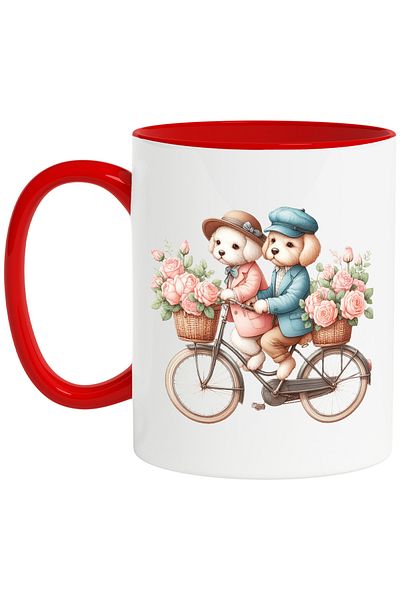 StoryGift Romania Mug with 2 dogs riding a bike | illustration | baskets with rose, With ,STG