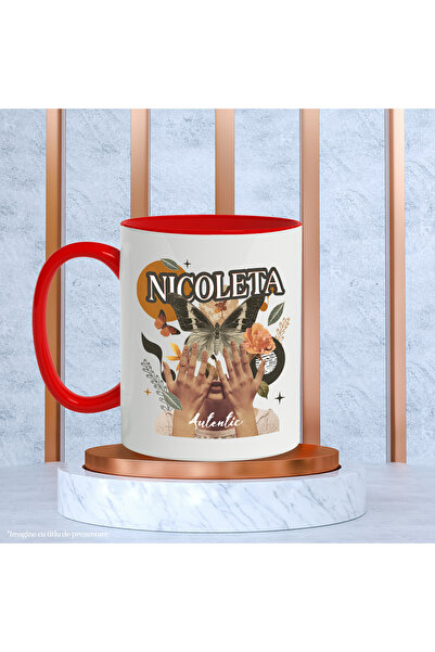 StoryGift Romania Mug With Name Nicoleta, Girl Collage, Butterfly, Flowers, Circle, 330ml, Ceramic with Handle, With ,STG.