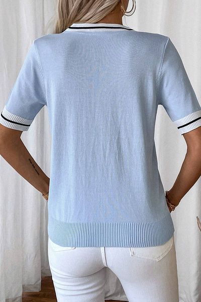 AQE FASHION Bluză pentru femei în stil colegiu, cu dungi, cu decolteu în V, în stil polo, albastru bebeluș