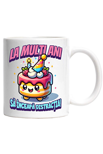 StoryGift Romania Cana cu Tort Aniversar Colorat Cu Lumanari Vesel Text La Mu...