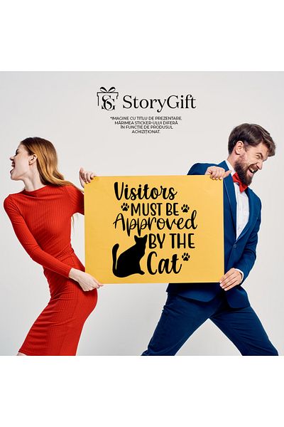 StoryGift Romania Sticker Autocolant 70CM Exterior cu o pisica si mesajul "Vizitatorii trebuie sa fie aprobati d