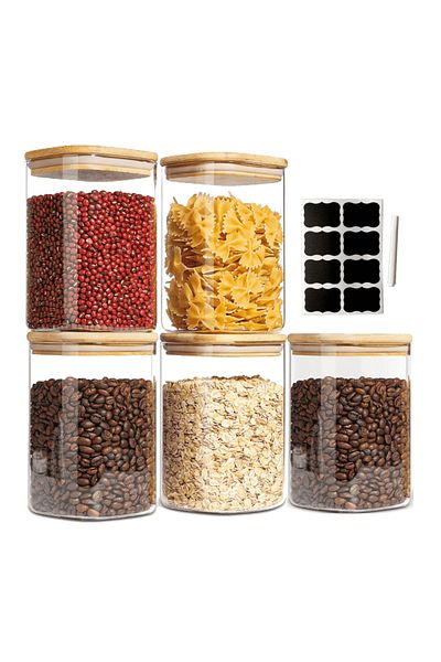Köken Set de 5 recipiente pătrate din sticlă borosilicată de 1,2 l, de diferite dimensiuni, cu capace etanșe din bambus Koken