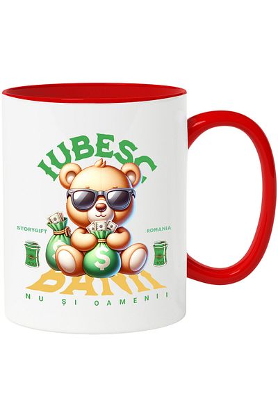 StoryGift Romania Mug with Brown Teddy Bear, Money bag, dollar bills, text I love money yes, With ,STG