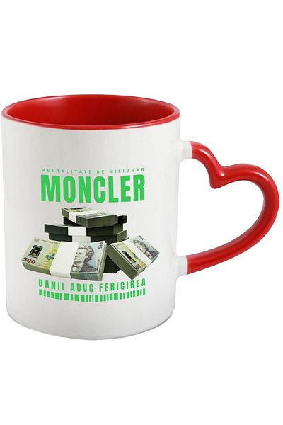 StoryGift Romania _Moncler_ Mug - Money Brings Happiness, 330ml, Ceramic with Red Heart Handle, With Handle, STG
