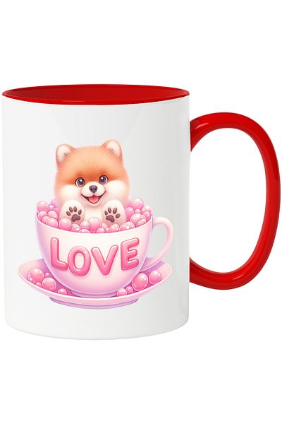 StoryGift Romania Mug with a furry puppy sitting in a cup | illustration | message "Love" | a, With ,STG