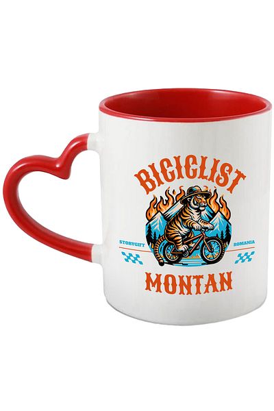 StoryGift Romania Tiger on a mountain bike adventure mug, 330ml, Ceramic with Red Heart Handle, With M,STG