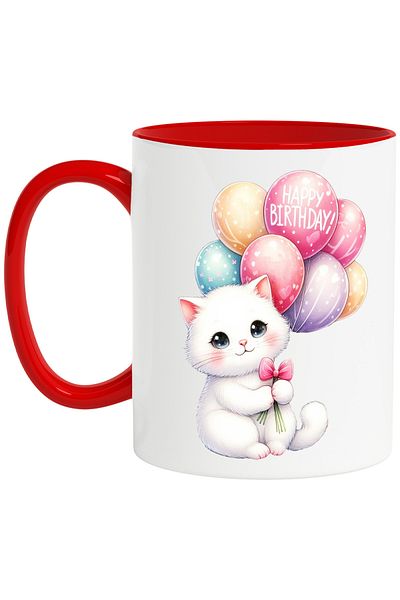 StoryGift Romania Mug with a blushing kitty holding many colorful balloons | illustration | me, Cu,STG