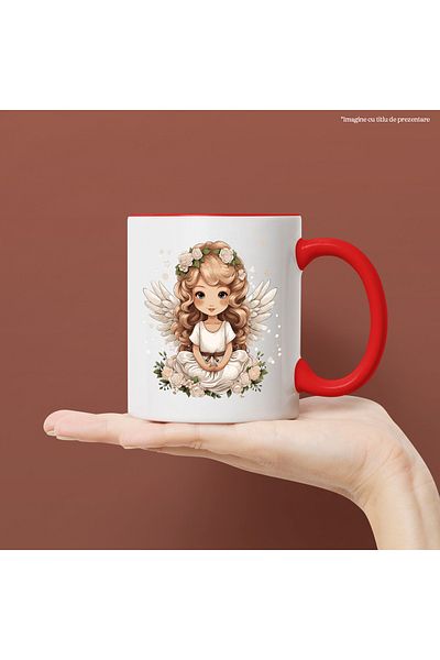 StoryGift Romania Mug with a little girl with angel wings, illustration, white flowers, cheerful, happy, With, STG