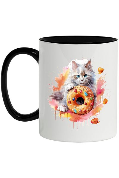 StoryGift Romania Cat Mug, Donut, Dessert, Leaves, Glaze, Candy, Multicolor 330 ml, C, Cu,STG