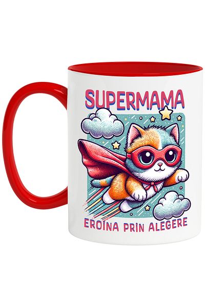 StoryGift Romania Super Mom Mug, Superhero, Heroine By Choice, 330ml, Ceramic with Red Handle, With Handle, STG.